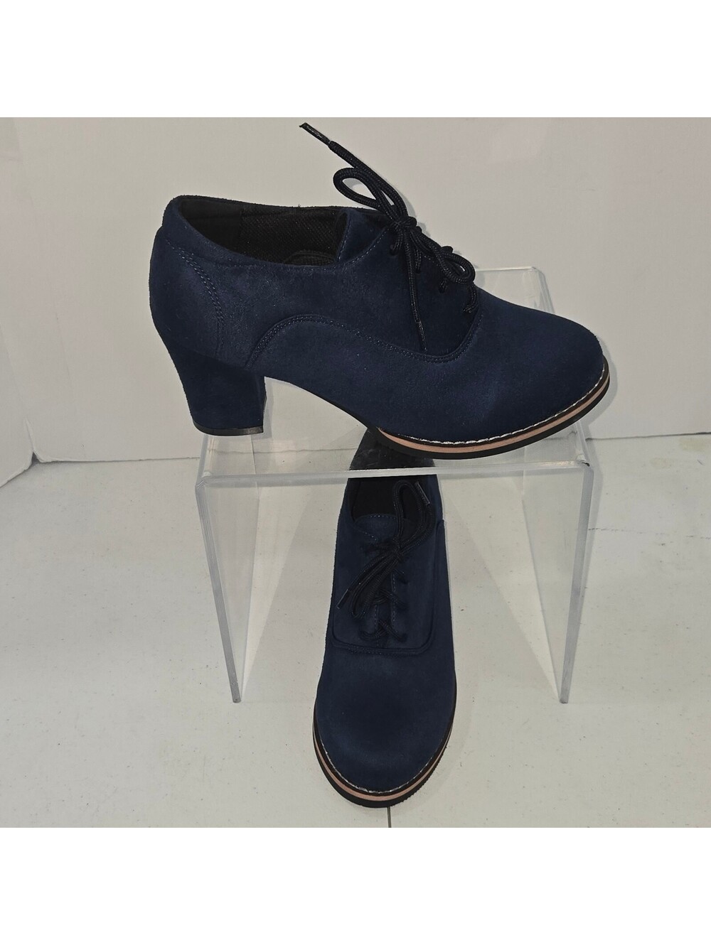 Faux Suede Oxford Boots Chunky Block Heel Lace Up Booties Navy Blue EU 38 US 7.5